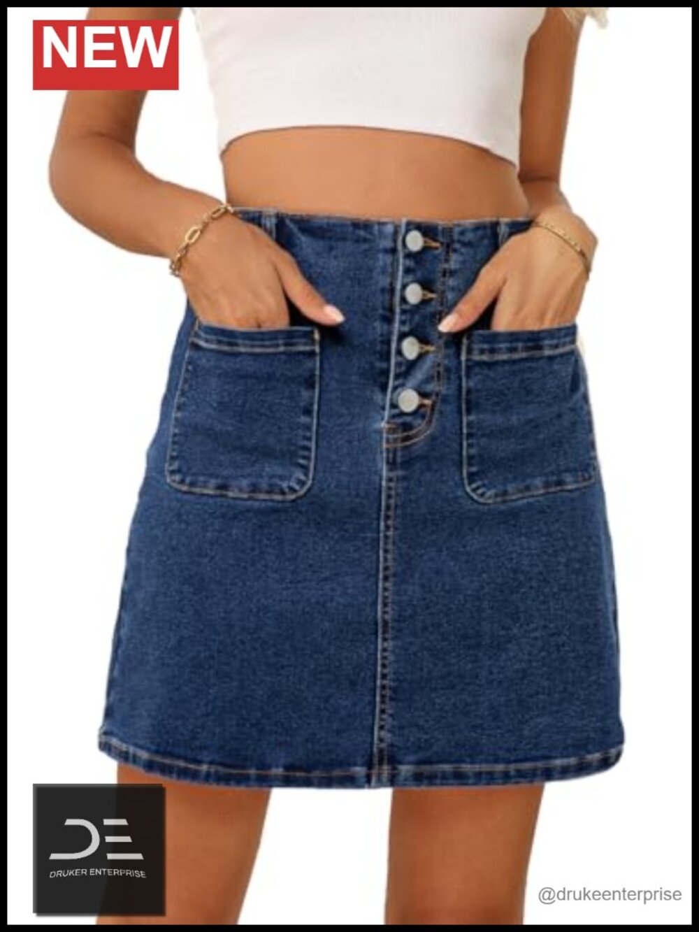 High Waist Stretch Denim Skirt with Pockets Knee Length